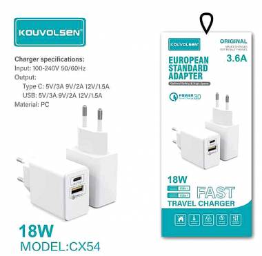 Αντάπτορας φόρτισης Fast Charge με 2 θύρες USB-A & Type-C - 18W - CX-54 - 110204